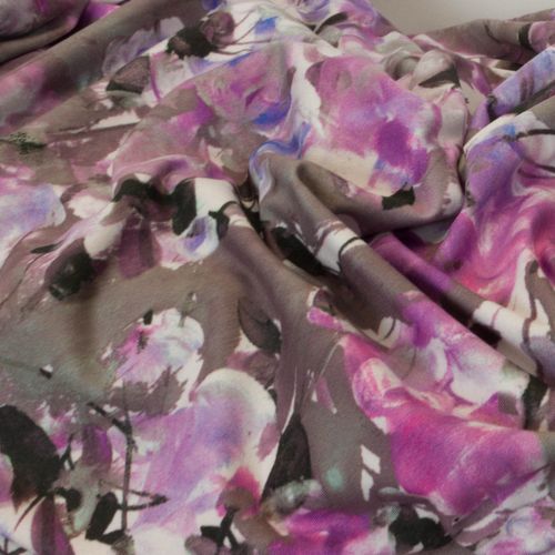 Polyester tricot met abstracte bloemen in bruine, paarse en witte tinten
